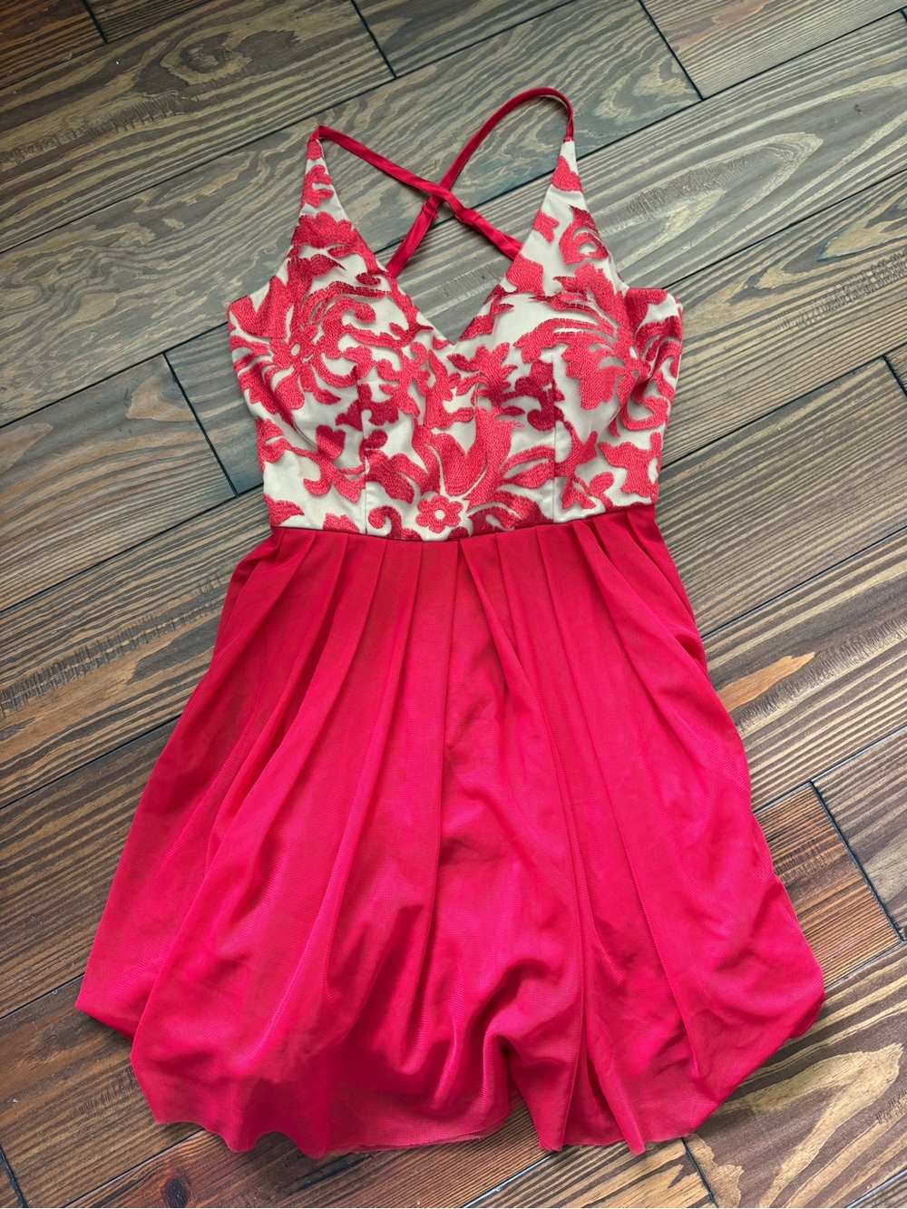 Night by Teeze Me Red and Cream Floral Lace Midi Dress